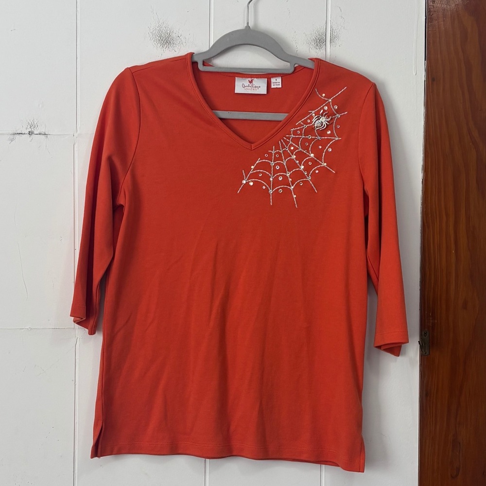 Quacker Factory Womens Small Orange Spider Web Rhinestone 3/4 Sleeve V-Neck Top